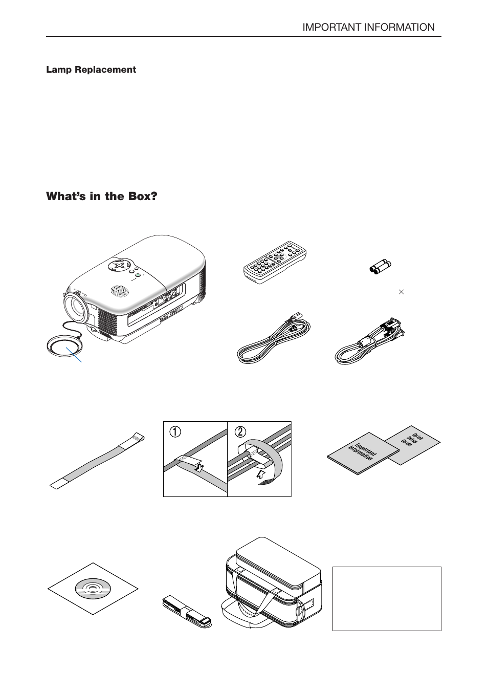What’s in the box, E-iv, Important information | Lamp replacement, Lens cap, Lamp status power on/stand by au to ad j | NEC LT180 User Manual | Page 5 / 73