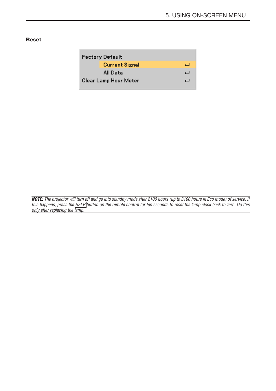 Reset, Returning to factory default [factory default, Clearing lamp hour meter [clear lamp hour meter | E-43 | NEC LT180 User Manual | Page 50 / 73
