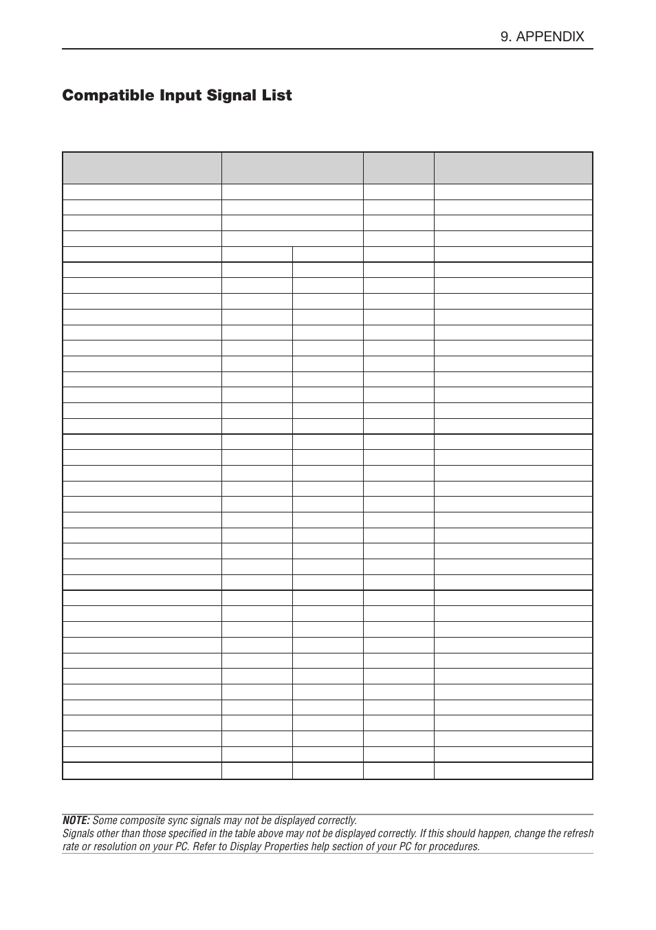 Compatible input signal list, E-57, Appendix | NEC LT180 User Manual | Page 64 / 73