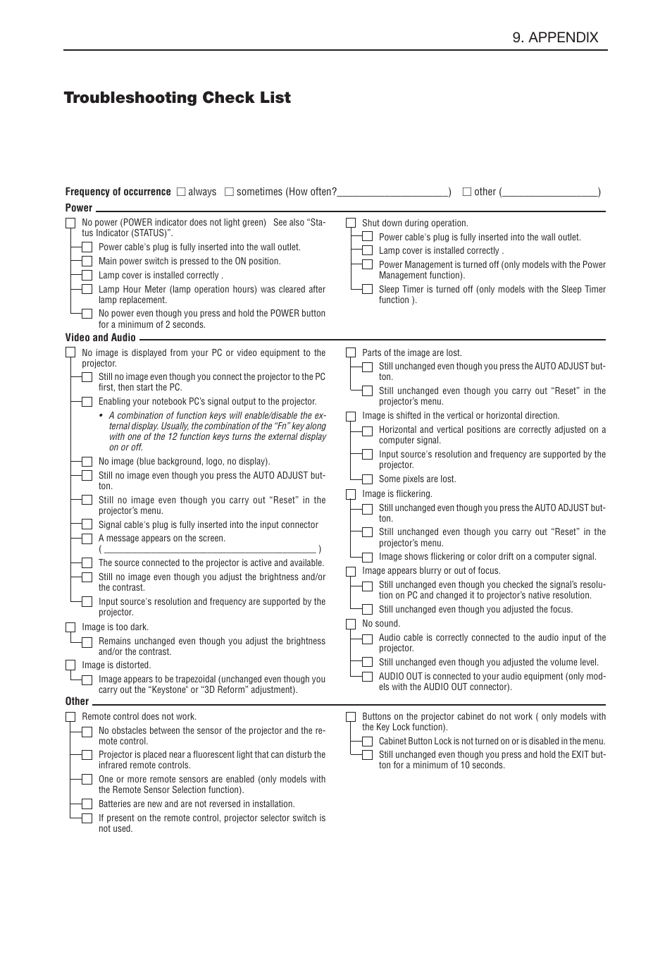 Troubleshooting check list, E-58, Appendix | NEC LT180 User Manual | Page 65 / 73