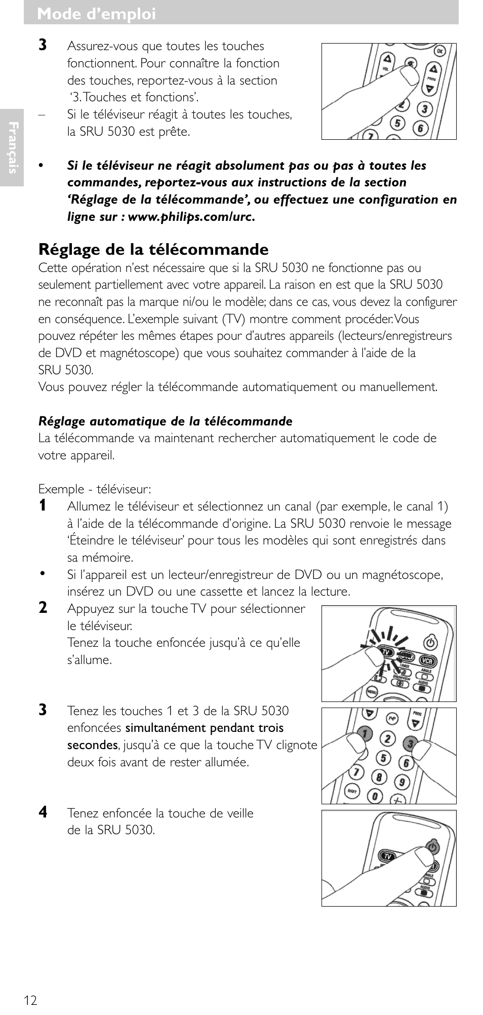 Réglage de la télécommande, Mode d’emploi | Philips SRU 5030/86 User Manual | Page 11 / 81