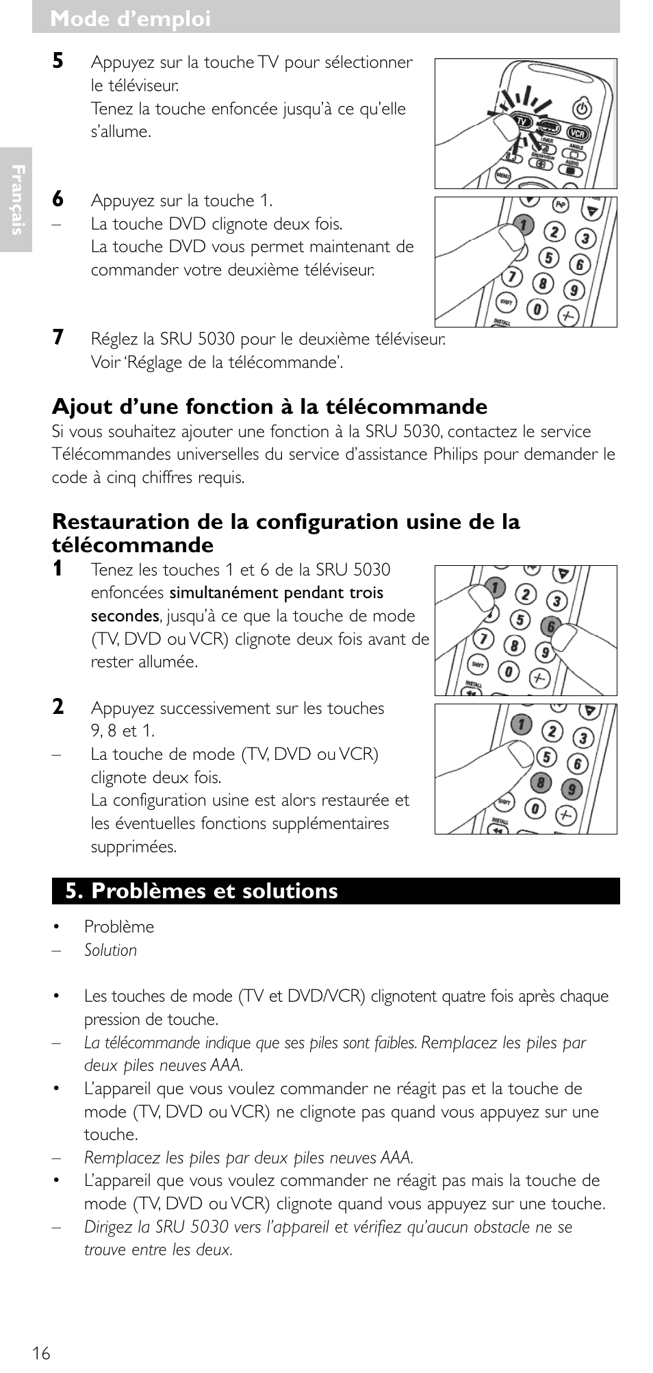 Ajout d’une fonction à la télécommande, Problèmes et solutions, Mode d’emploi | Philips SRU 5030/86 User Manual | Page 15 / 81