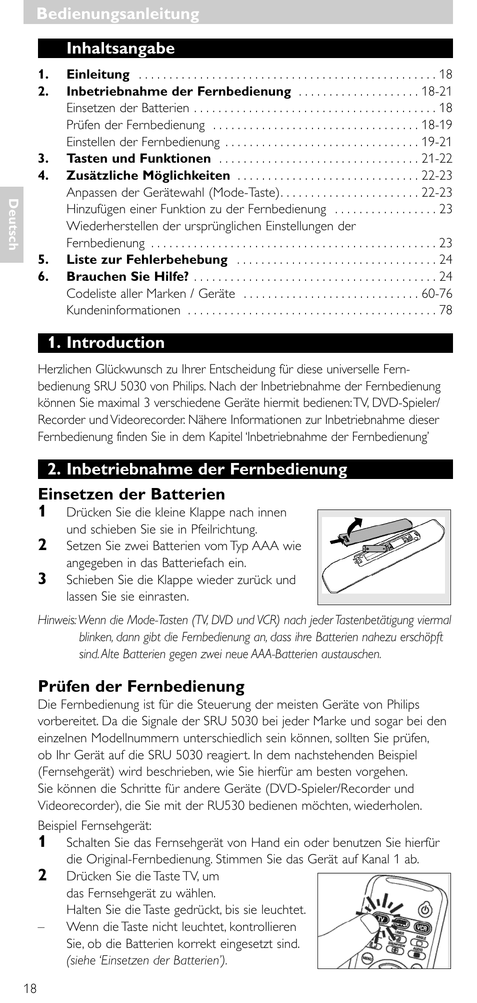 Inhaltsangabe, Introduction, Prüfen der fernbedienung | Bedienungsanleitung | Philips SRU 5030/86 User Manual | Page 17 / 81