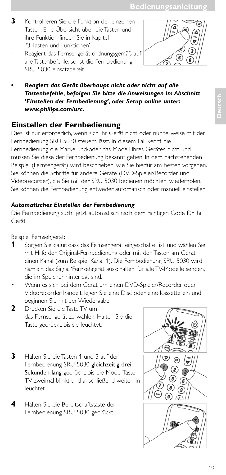 Einstellen der fernbedienung, Bedienungsanleitung | Philips SRU 5030/86 User Manual | Page 18 / 81