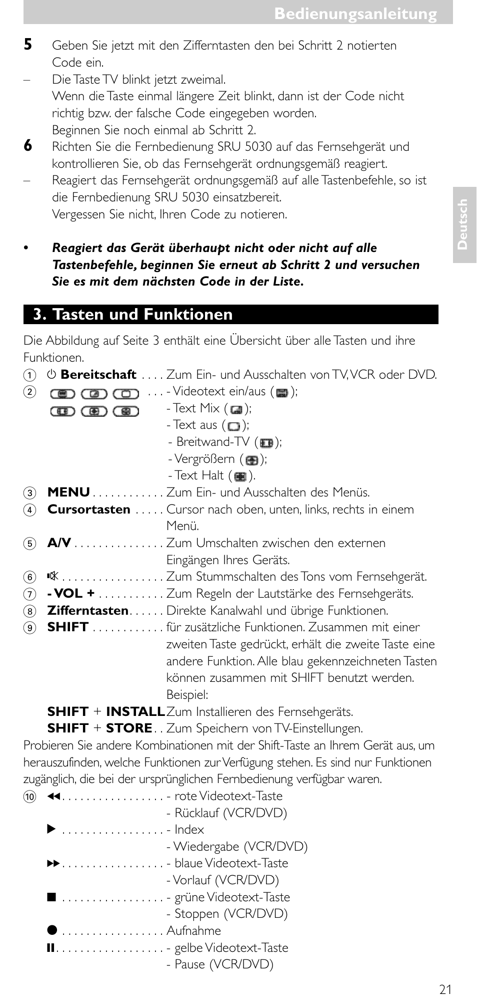 Tasten und funktionen, Bedienungsanleitung | Philips SRU 5030/86 User Manual | Page 20 / 81