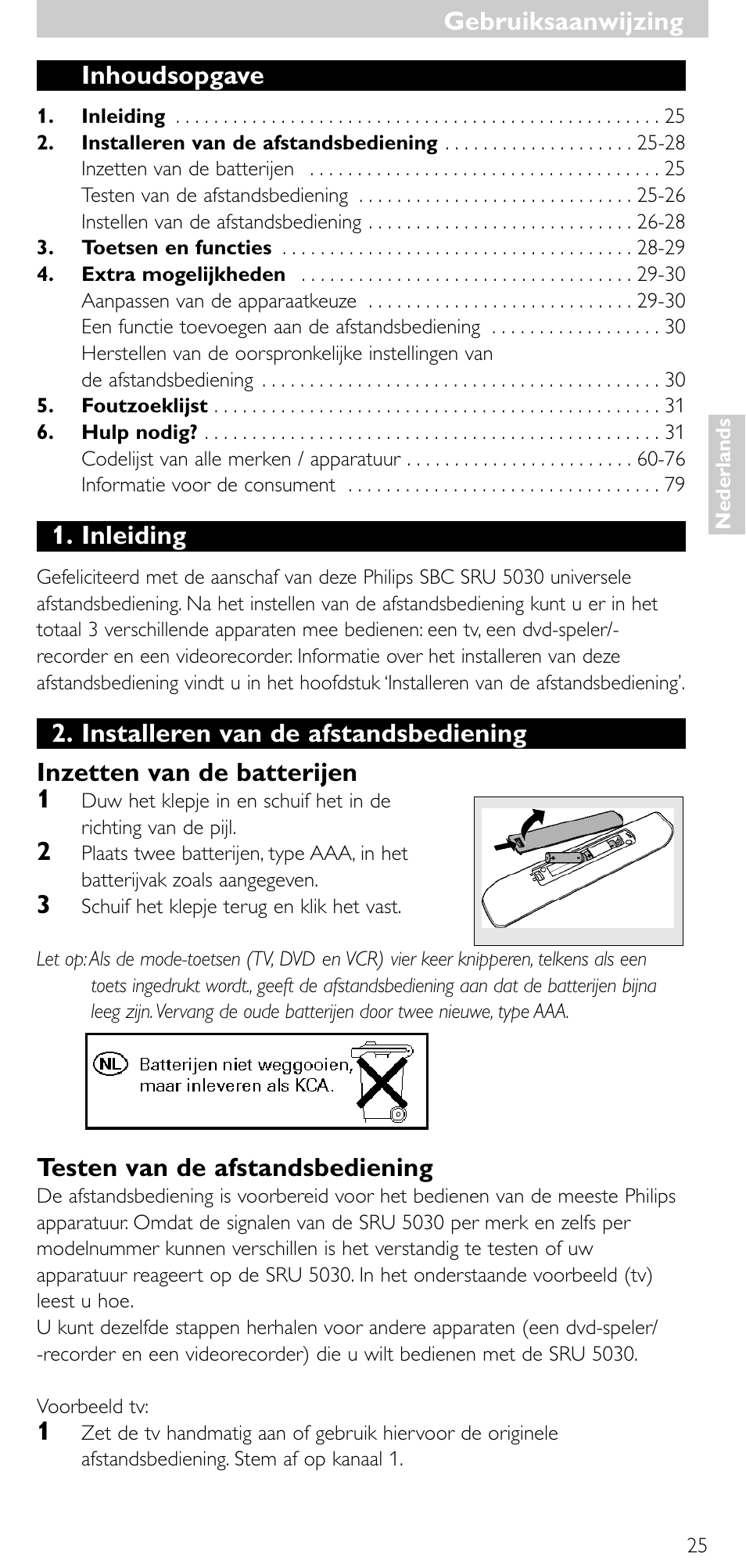 Inhoudsopgave, Inleiding, Testen van de afstandsbediening | Gebruiksaanwijzing | Philips SRU 5030/86 User Manual | Page 24 / 81