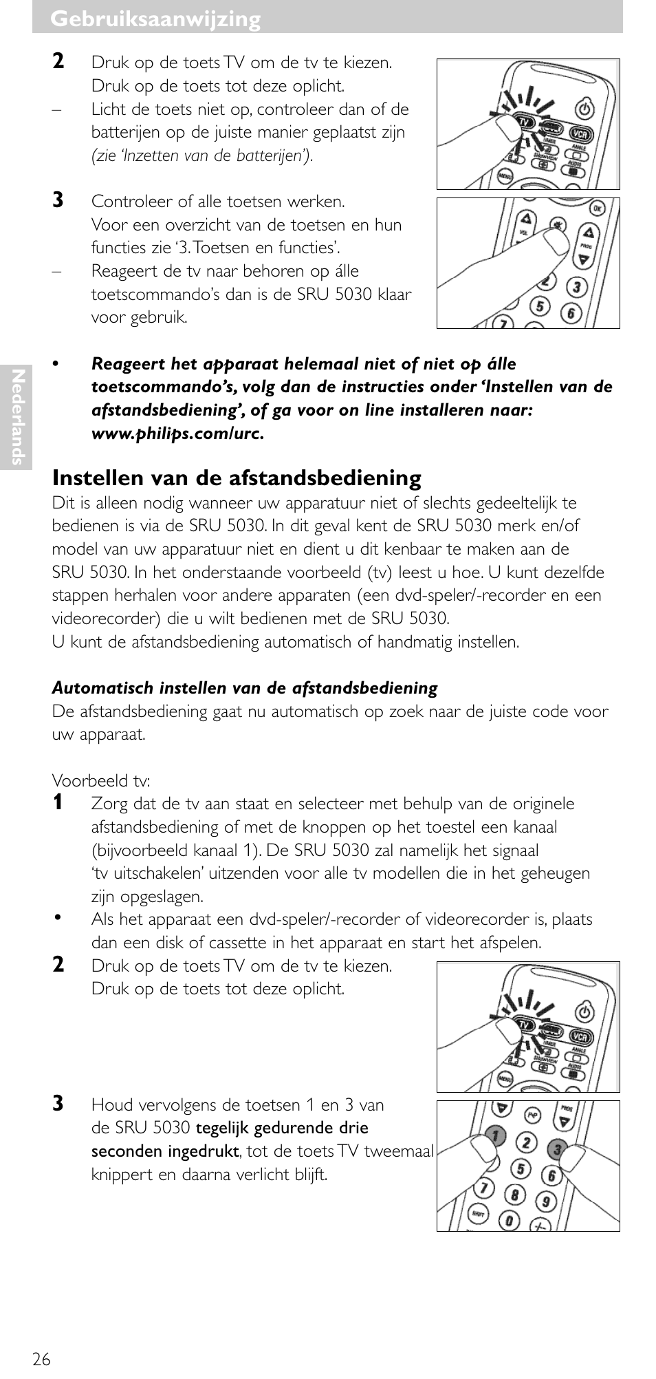 Instellen van de afstandsbediening, Gebruiksaanwijzing | Philips SRU 5030/86 User Manual | Page 25 / 81