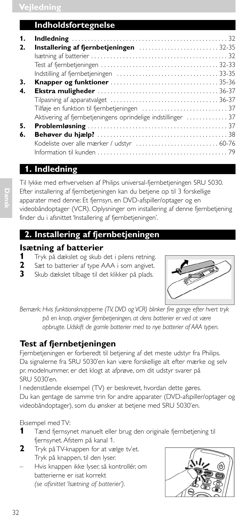 Indholdsfortegnelse, Indledning, Test af fjernbetjeningen | Vejledning | Philips SRU 5030/86 User Manual | Page 31 / 81