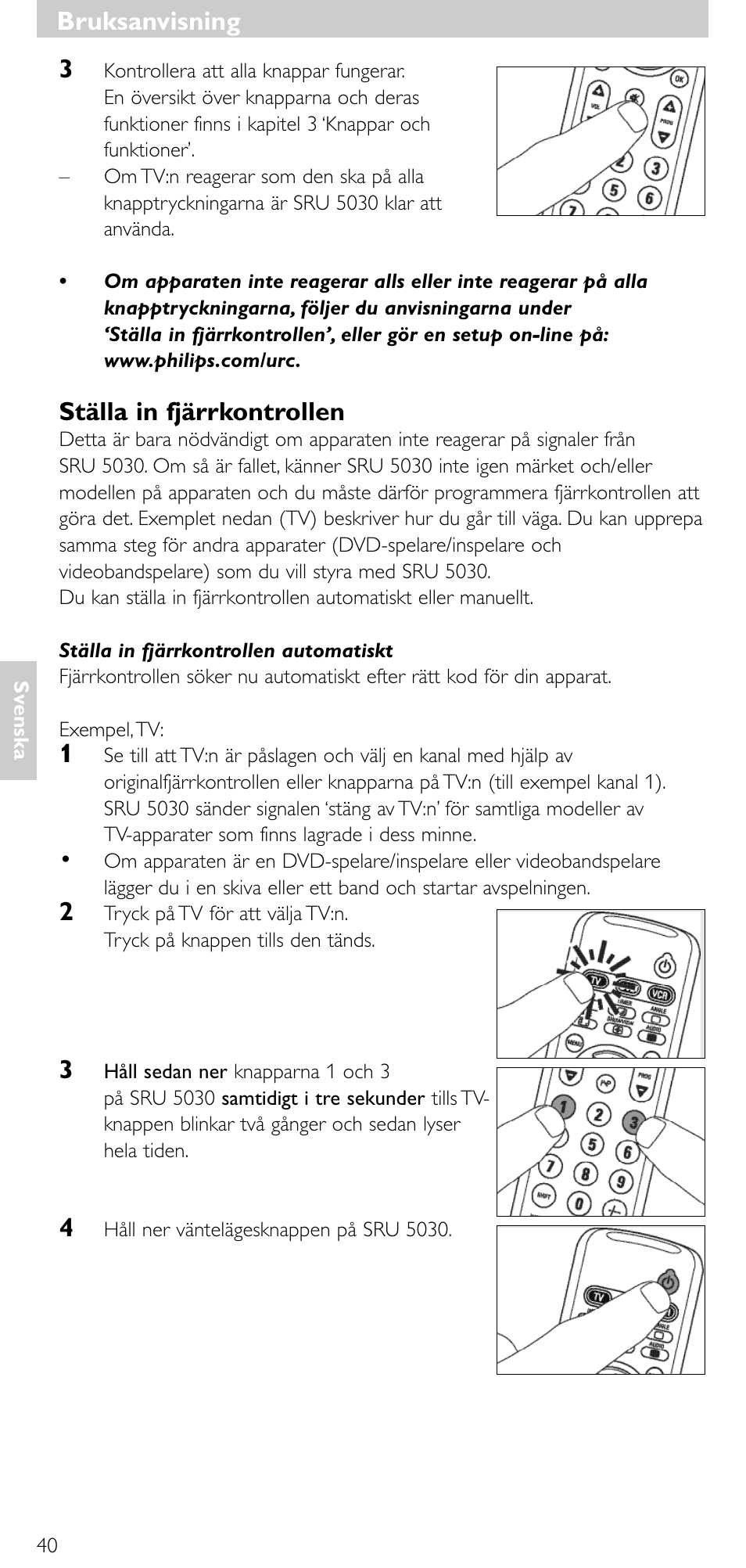 Ställa in fjärrkontrollen, Bruksanvisning | Philips SRU 5030/86 User Manual | Page 39 / 81