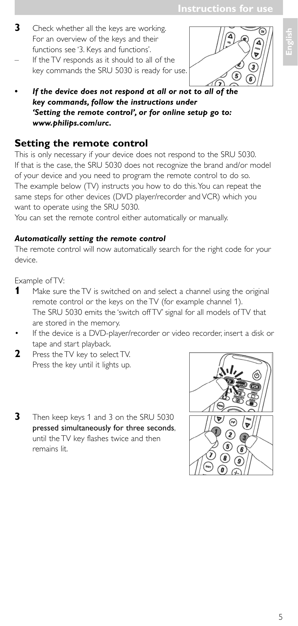 Instructions for use, Setting the remote control | Philips SRU 5030/86 User Manual | Page 4 / 81