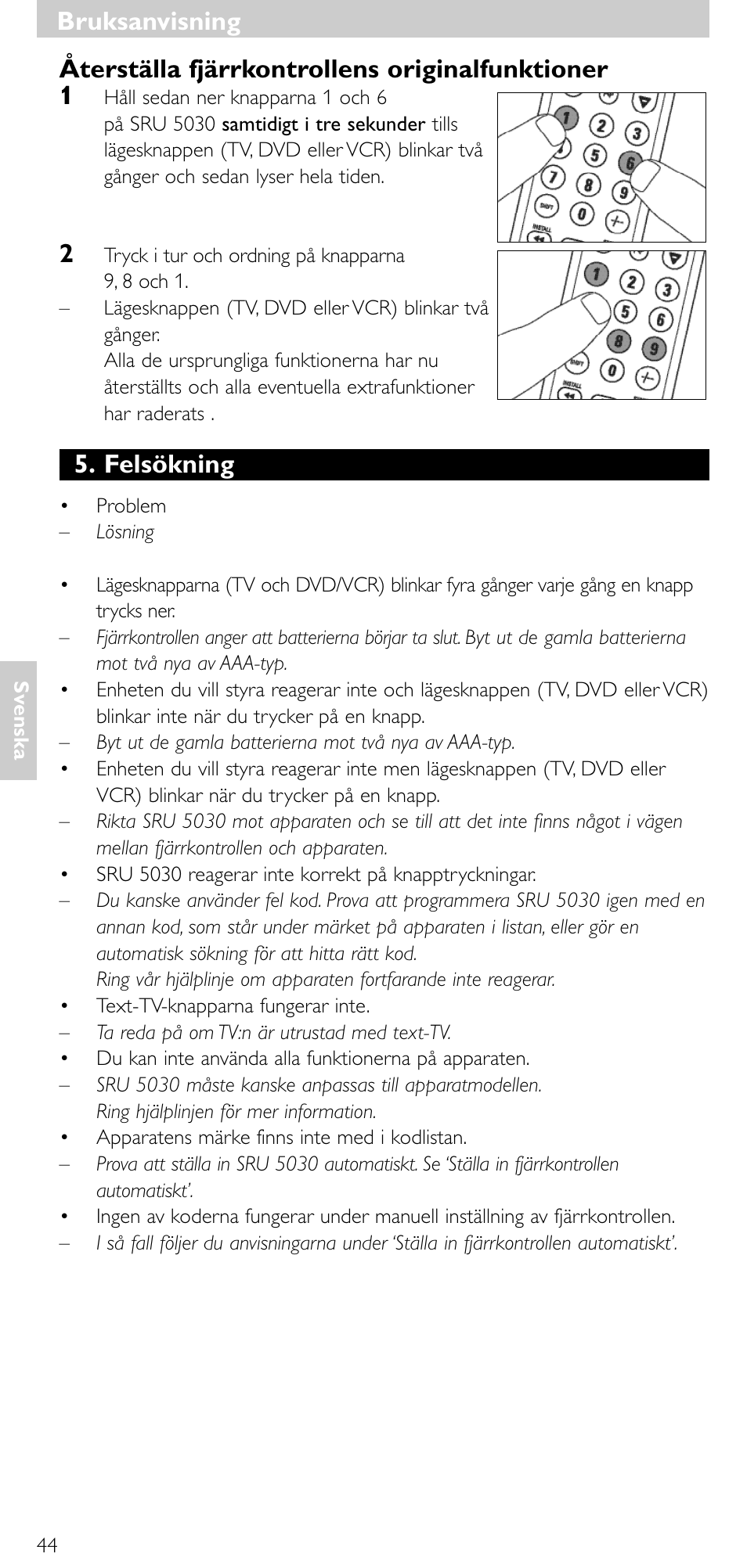 Återställa fjärrkontrollens originalfunktioner 1, Felsökning, Bruksanvisning | Philips SRU 5030/86 User Manual | Page 43 / 81