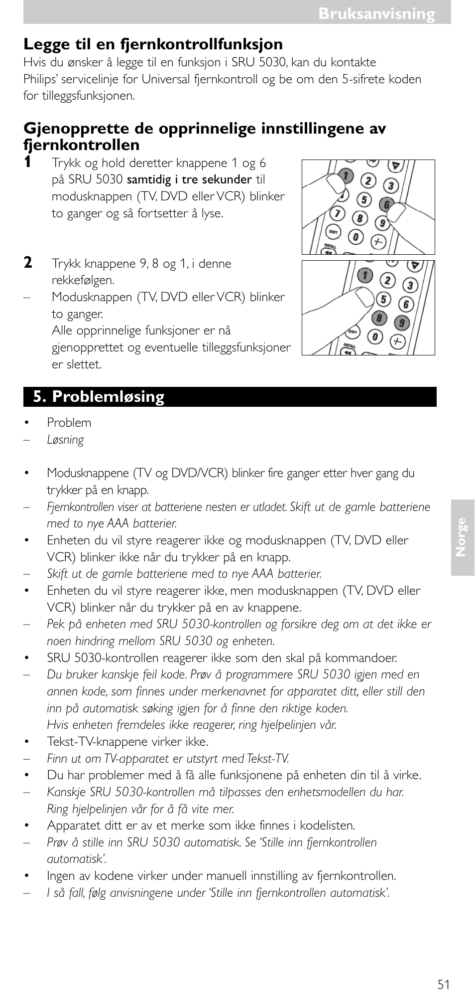 Legge til en fjernkontrollfunksjon, Problemløsing, Bruksanvisning | Philips SRU 5030/86 User Manual | Page 50 / 81