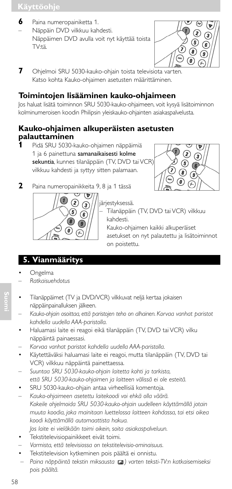 Toimintojen lisääminen kauko-ohjaimeen, Vianmääritys, Käyttöohje | Philips SRU 5030/86 User Manual | Page 57 / 81