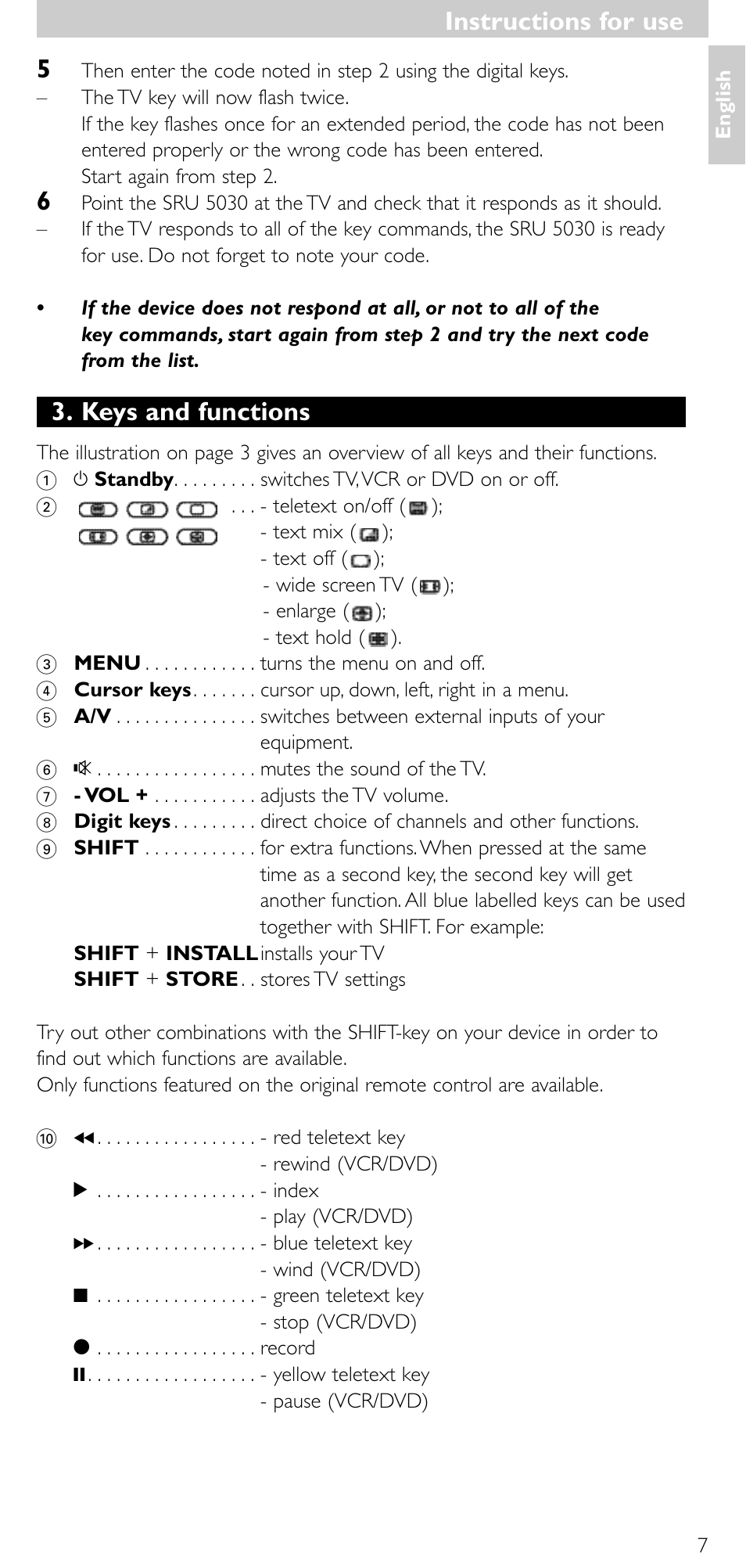 Keys and functions, Instructions for use | Philips SRU 5030/86 User Manual | Page 6 / 81