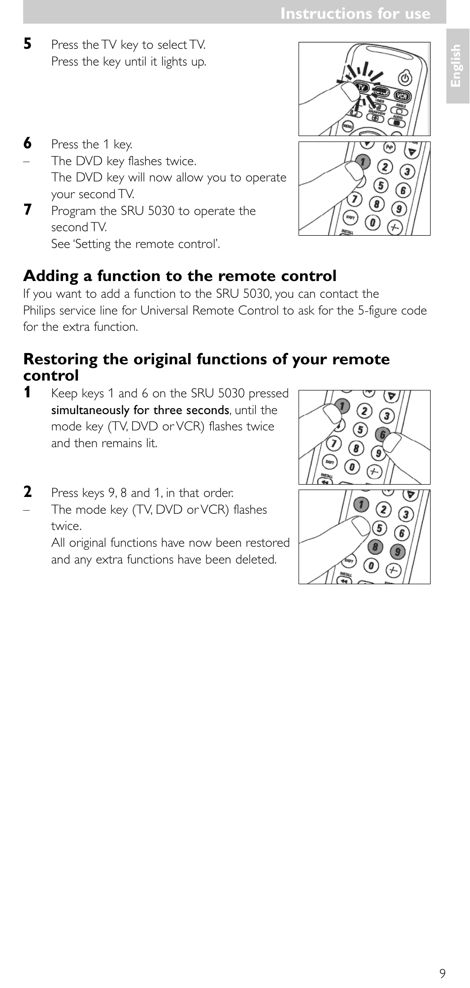 Adding a function to the remote control, Instructions for use | Philips SRU 5030/86 User Manual | Page 8 / 81