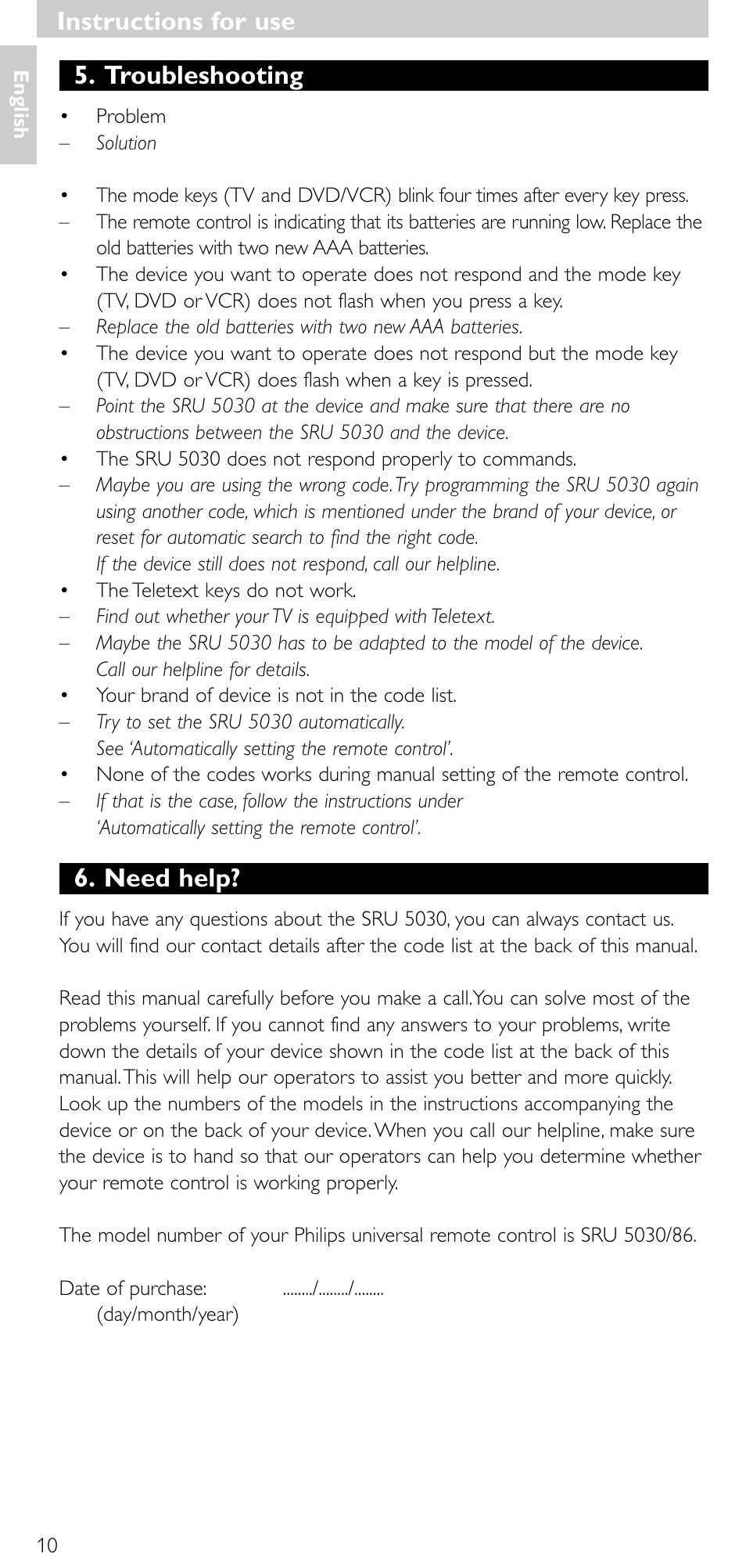 Troubleshooting, Need help, Instructions for use | Philips SRU 5030/86 User Manual | Page 9 / 81