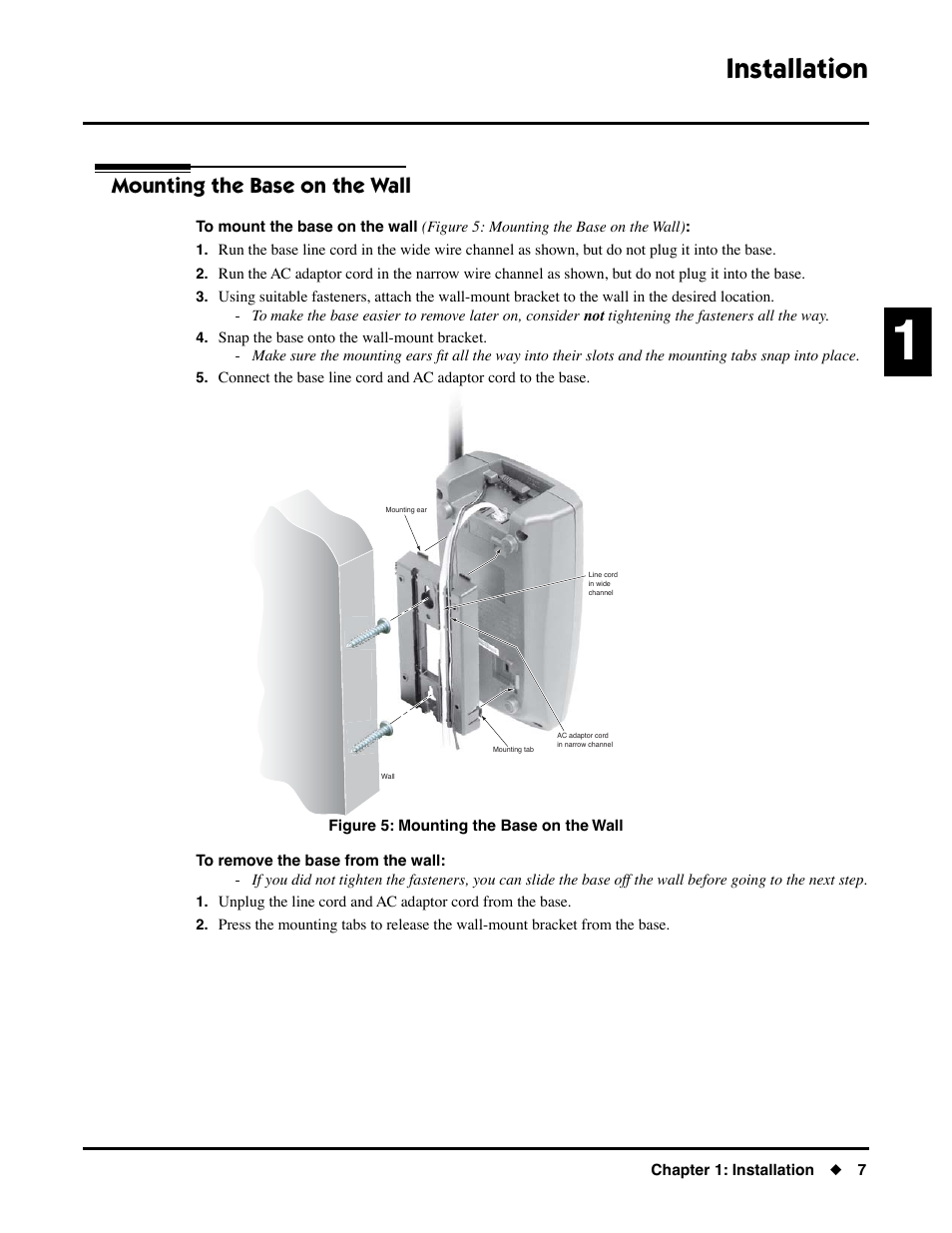 Wall-mounting the base, Mounting the base on the wall, Installation | NEC DS1000/2000 User Manual | Page 11 / 48