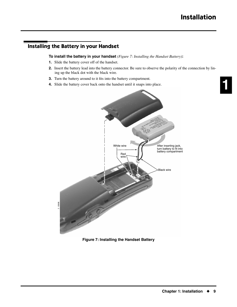 Installing the battery, Installing the battery in your handset, Installation | NEC DS1000/2000 User Manual | Page 13 / 48