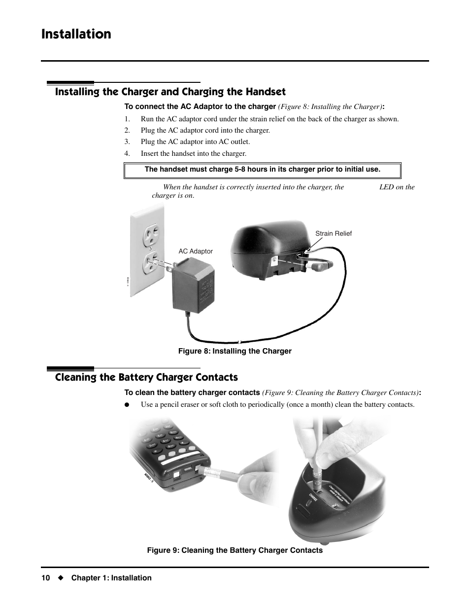 Charging the handset, Installing the charger and charging the handset, Cleaning the battery charger contacts | Installation | NEC DS1000/2000 User Manual | Page 14 / 48