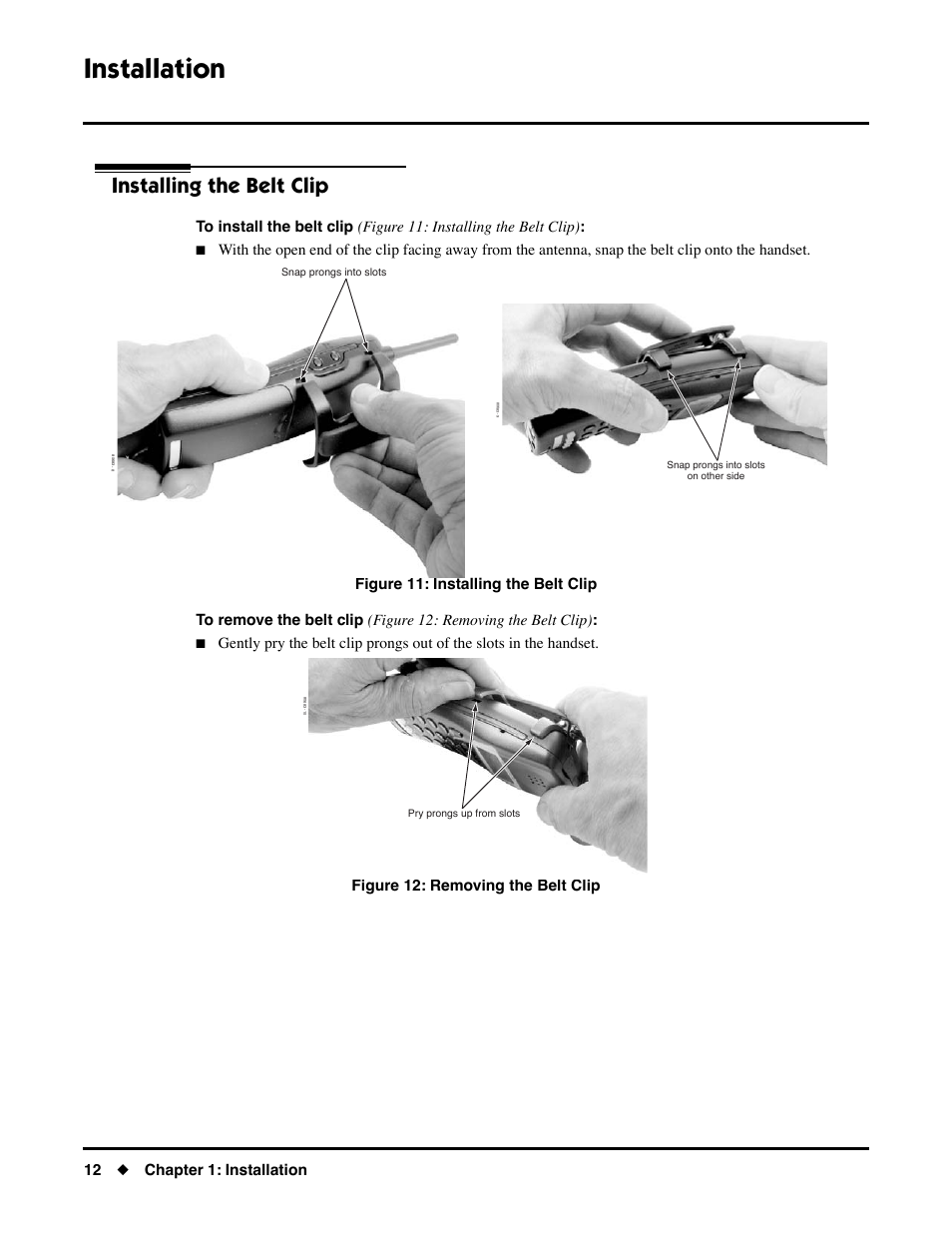 Using the belt clip, Installing the belt clip, Installation | NEC DS1000/2000 User Manual | Page 16 / 48