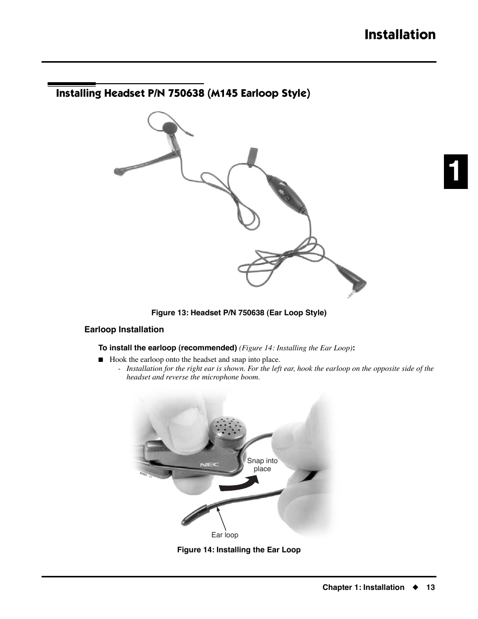 Installing headset p/n 750638 (m145 earloop style), Earloop installation, Installation | NEC DS1000/2000 User Manual | Page 17 / 48