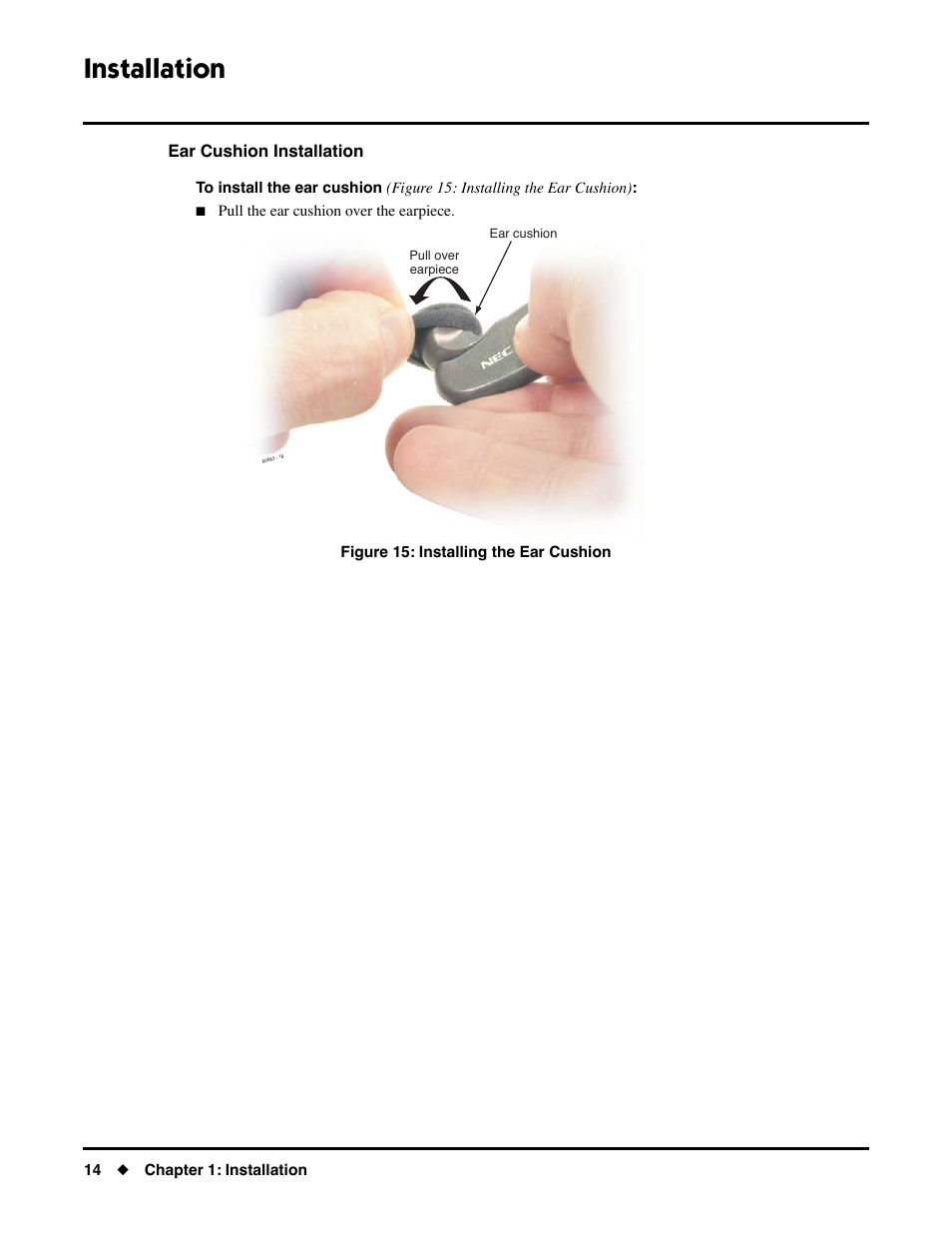 Ear cushion installation, Installation | NEC DS1000/2000 User Manual | Page 18 / 48