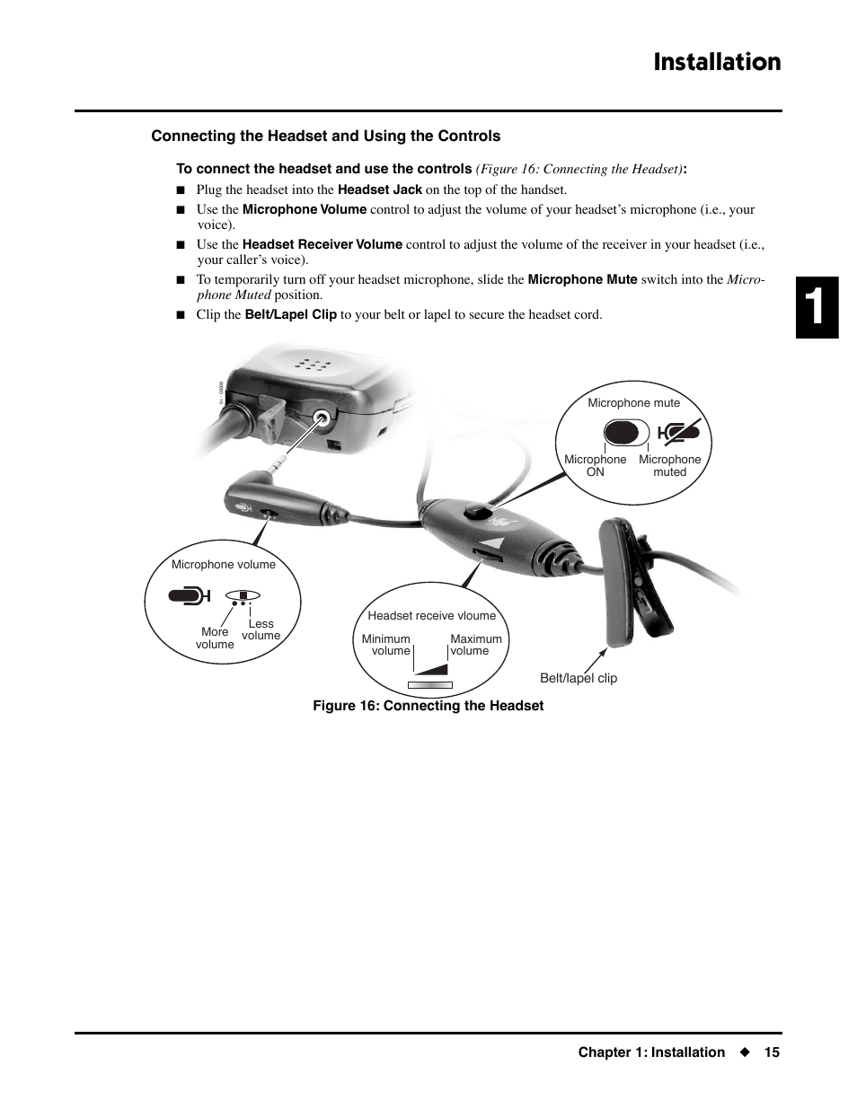 Connecting the headset and using the controls, Installation | NEC DS1000/2000 User Manual | Page 19 / 48