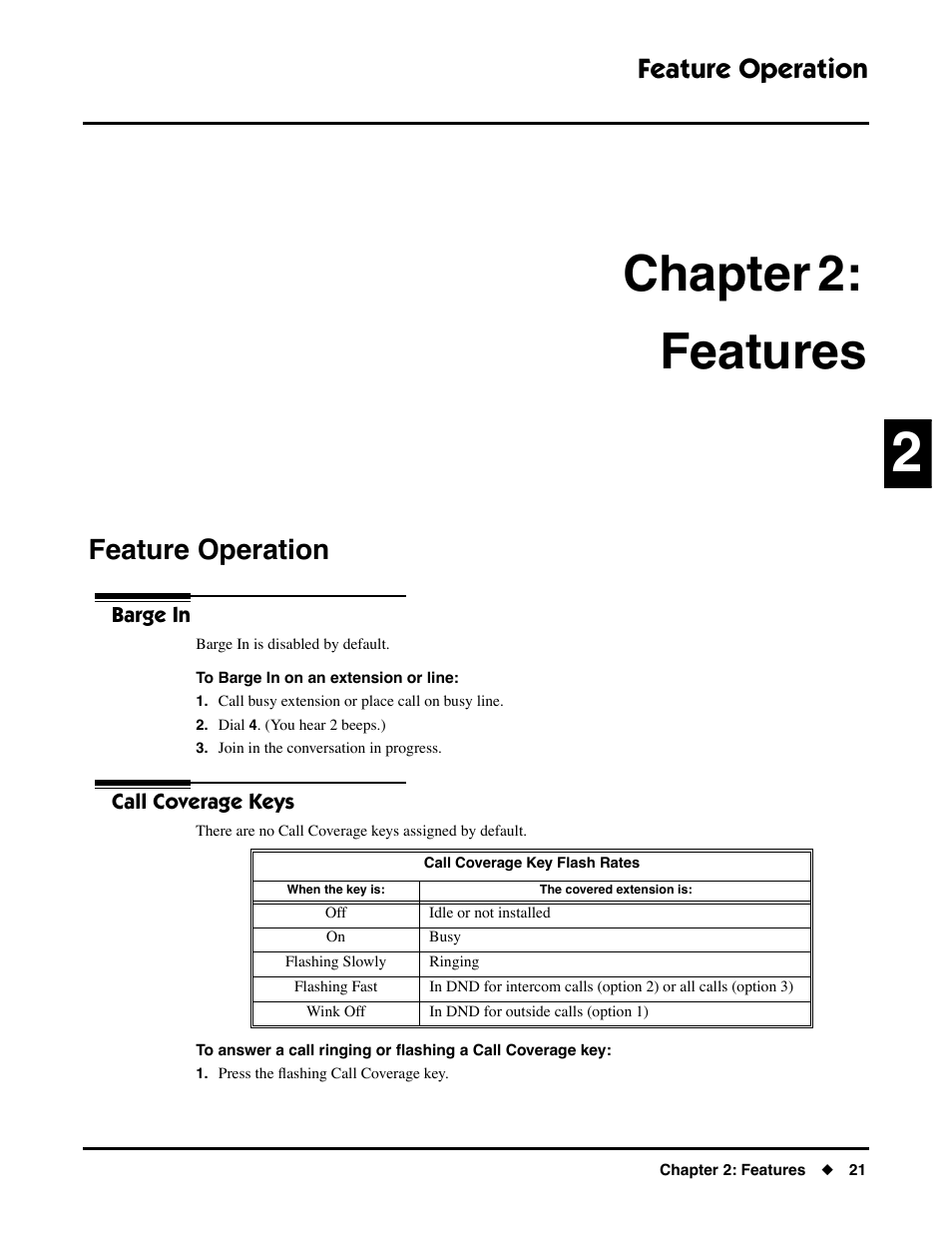 Chapter 2: features, Feature operation, Barge in | Call coverage keys, Barge in call coverage keys | NEC DS1000/2000 User Manual | Page 25 / 48