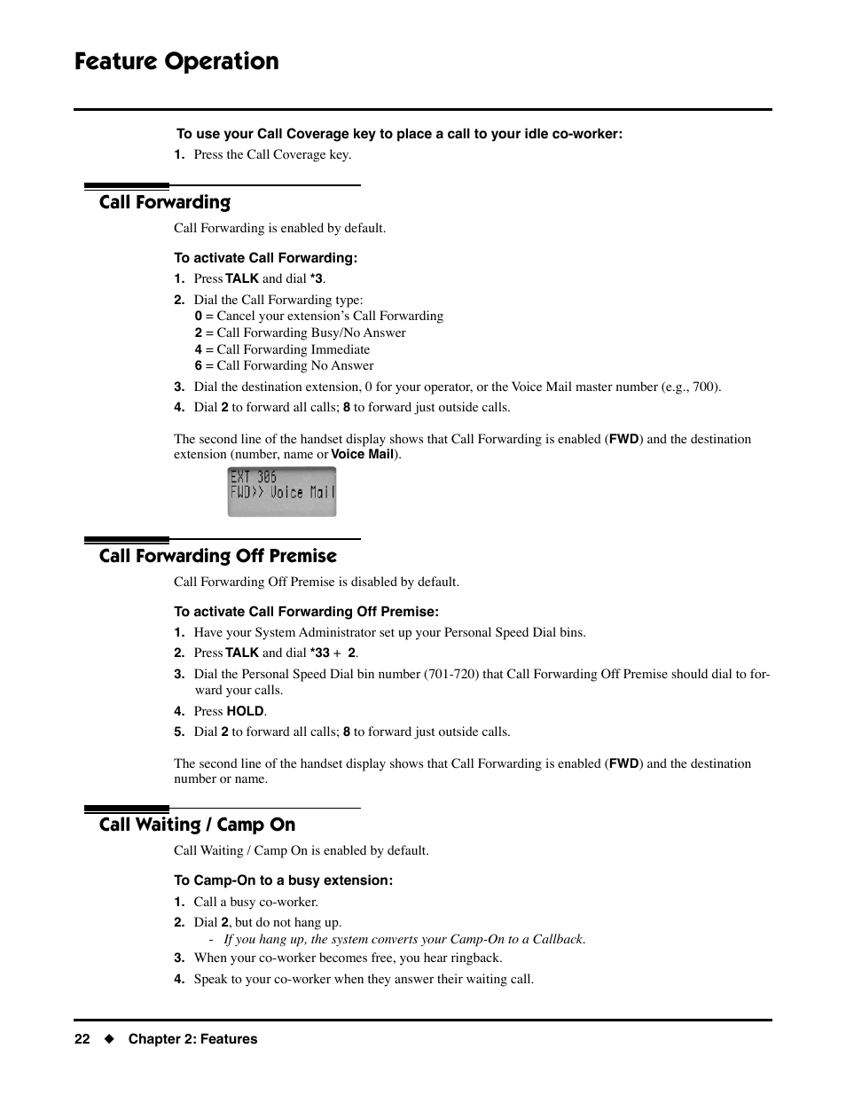 Call forwarding, Call forwarding off premise, Call waiting / camp on | Feature operation | NEC DS1000/2000 User Manual | Page 26 / 48