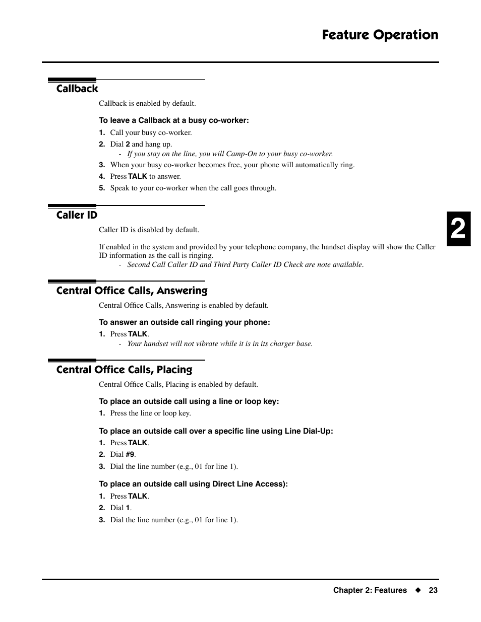 Callback, Caller id, Central office calls, answering | Central office calls, placing, Feature operation | NEC DS1000/2000 User Manual | Page 27 / 48