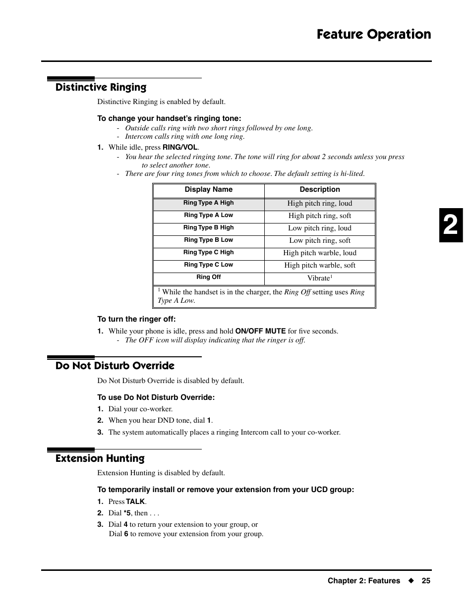 Distinctive ringing, Do not disturb override, Extension hunting | Feature operation | NEC DS1000/2000 User Manual | Page 29 / 48