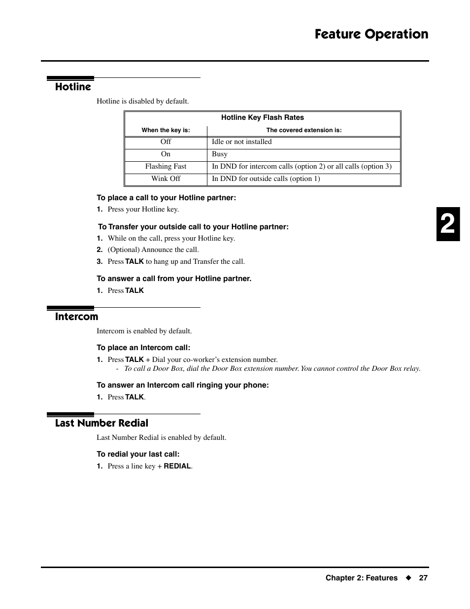 Hotline, Intercom, Last number redial | Hotline intercom last number redial, Feature operation | NEC DS1000/2000 User Manual | Page 31 / 48