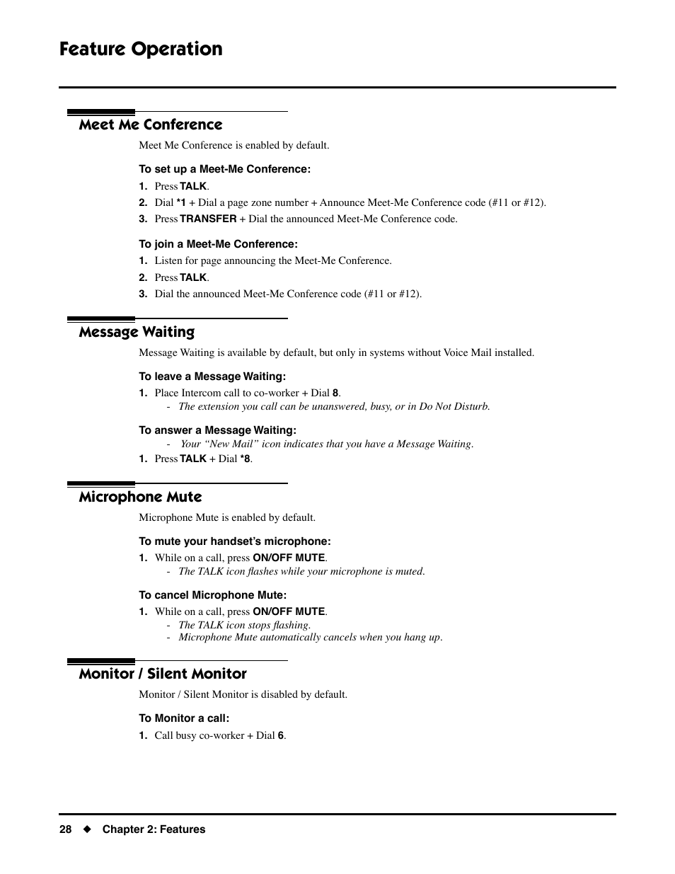 Meet me conference, Message waiting, Microphone mute | Monitor / silent monitor, Feature operation | NEC DS1000/2000 User Manual | Page 32 / 48