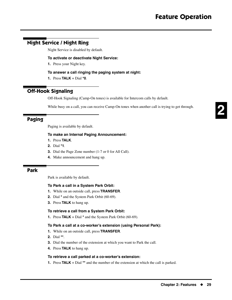 Night service / night ring, Off-hook signaling, Paging | Park, Feature operation | NEC DS1000/2000 User Manual | Page 33 / 48