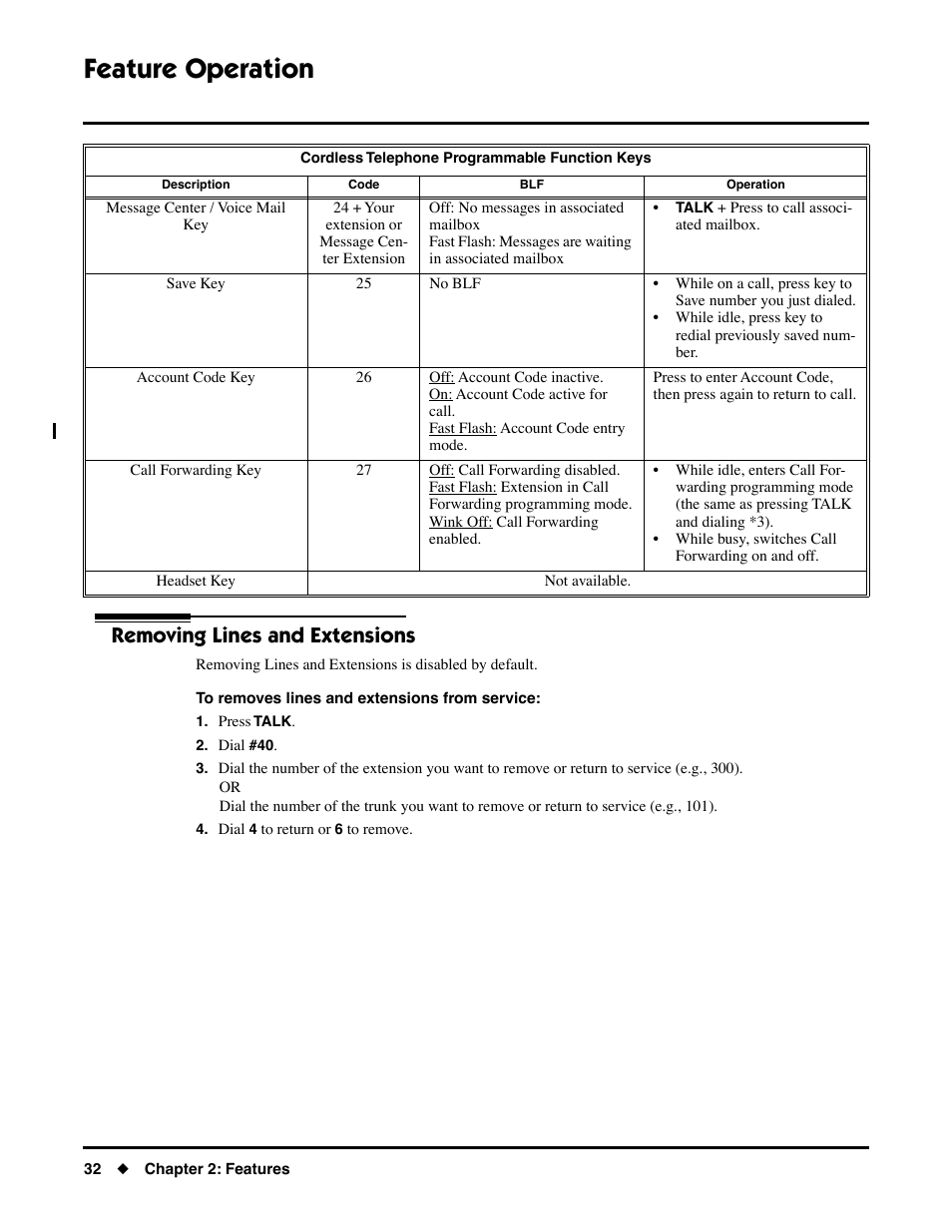 Removing lines and extensions, Feature operation | NEC DS1000/2000 User Manual | Page 36 / 48