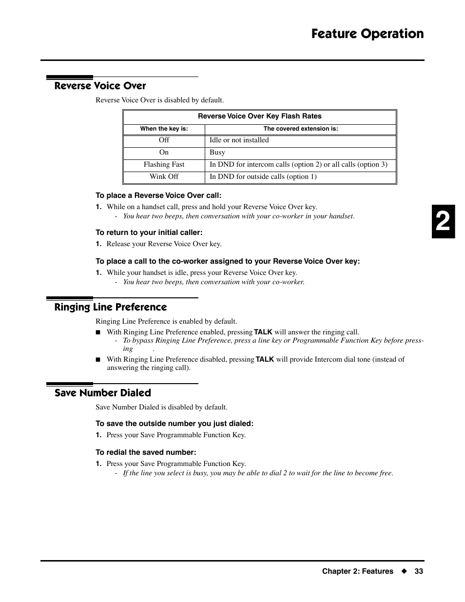 Reverse voice over, Ringing line preference, Save number dialed | Feature operation | NEC DS1000/2000 User Manual | Page 37 / 48