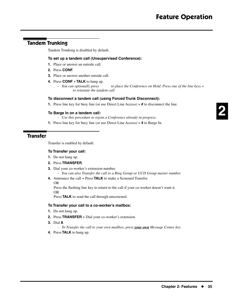 Tandem trunking, Transfer, Tandem trunking transfer | Feature operation | NEC DS1000/2000 User Manual | Page 39 / 48