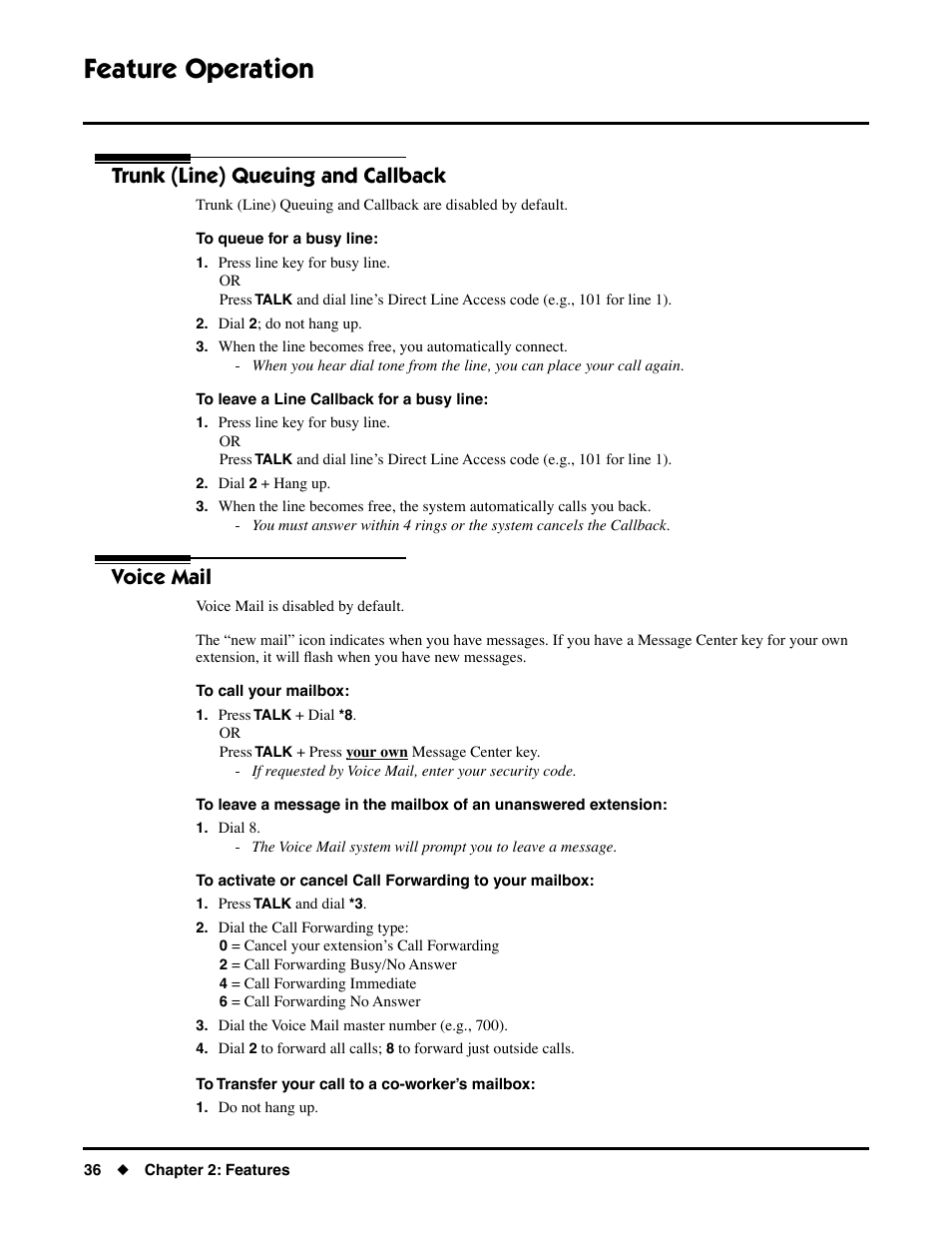 Trunk (line) queuing and callback, Voice mail, Trunk (line) queuing and callback voice mail | Feature operation | NEC DS1000/2000 User Manual | Page 40 / 48