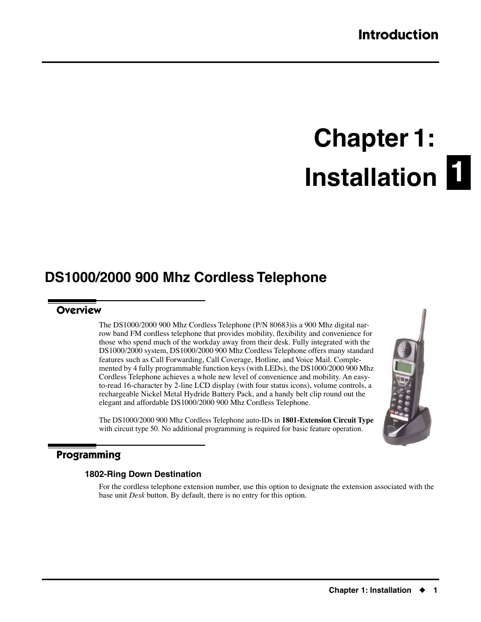 Chapter 1: installation, Introduction, Ds1000/2000 900 mhz cordless telephone | Overview, Programming, 1802-ring down destination, Overview programming | NEC DS1000/2000 User Manual | Page 5 / 48