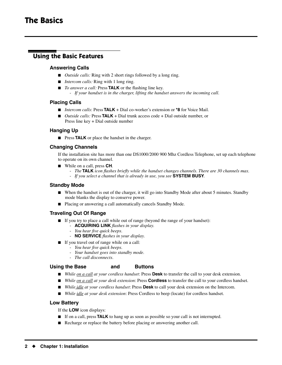 The basics, Basic operation, Using the basic features | Answering calls, Placing calls, Hanging up, Changing channels, Standby mode, Traveling out of range, Using the base cordless and desk buttons | NEC DS1000/2000 User Manual | Page 6 / 48