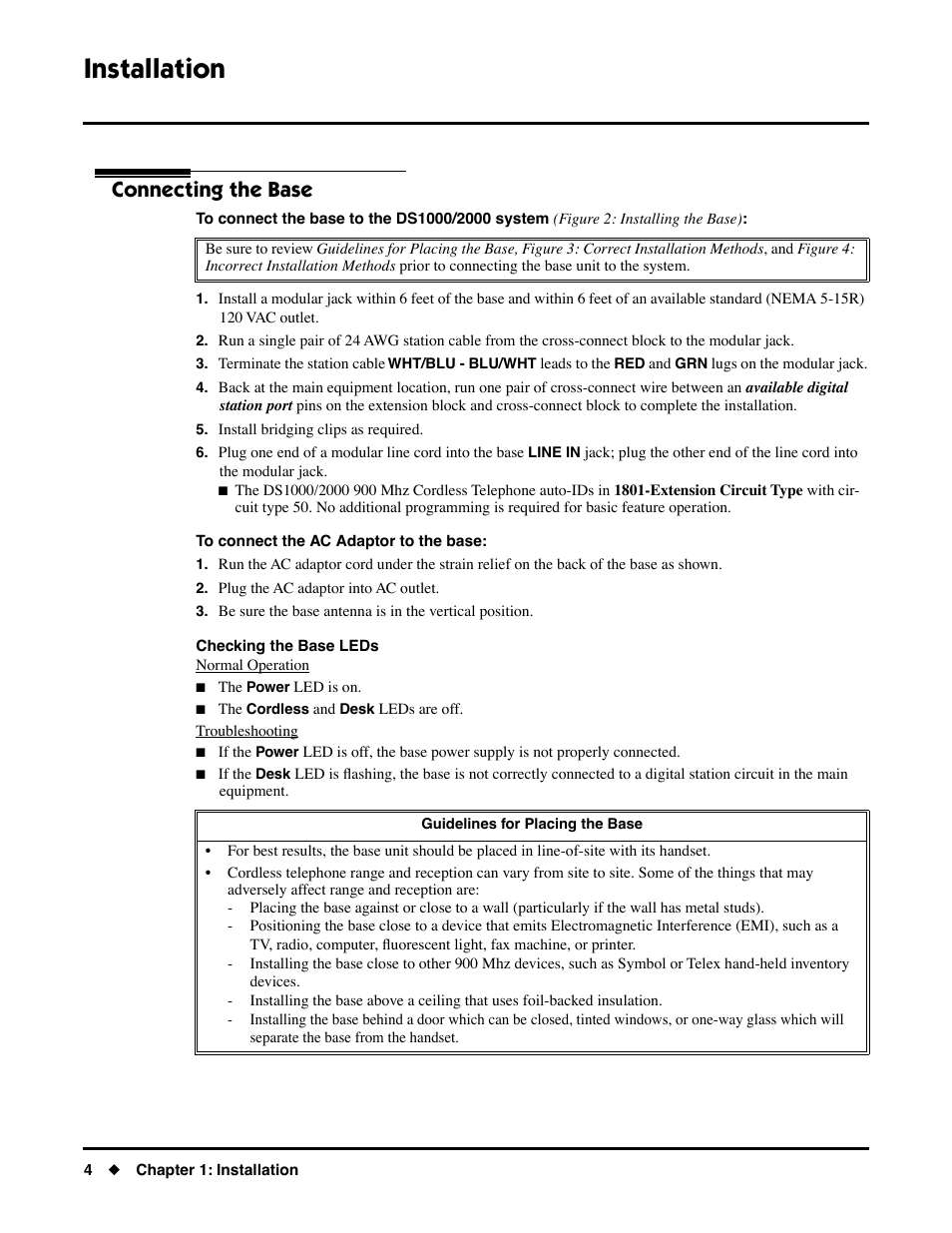 Installation, Installing the base, Connecting the base | NEC DS1000/2000 User Manual | Page 8 / 48