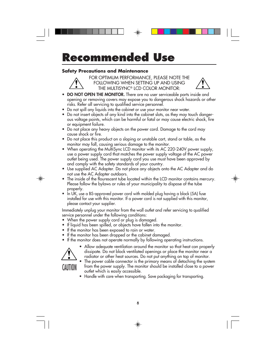 Recommended use, Caution | NEC MultiSync LCD1525V User Manual | Page 10 / 18