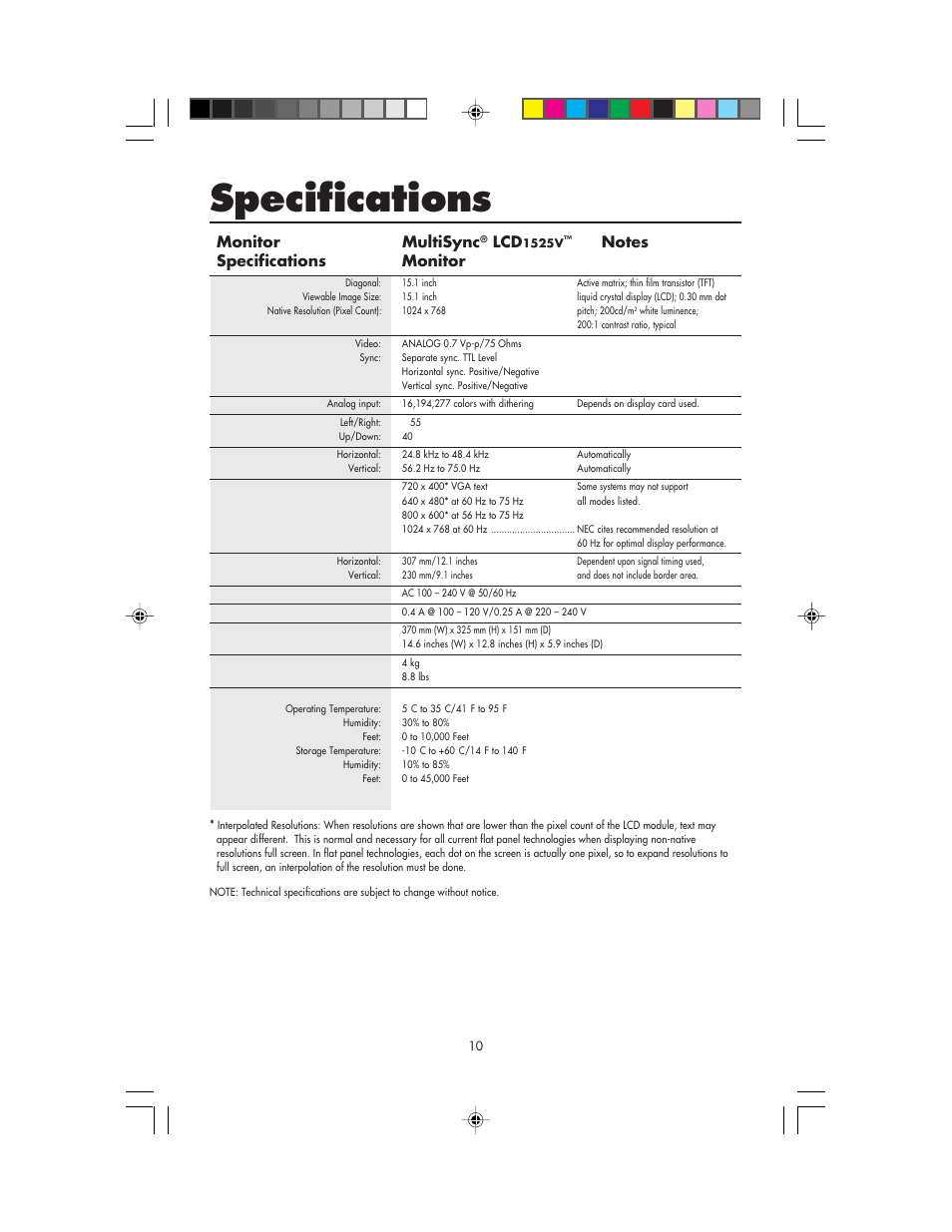 Specifications, Monitor multisync | NEC MultiSync LCD1525V User Manual | Page 12 / 18