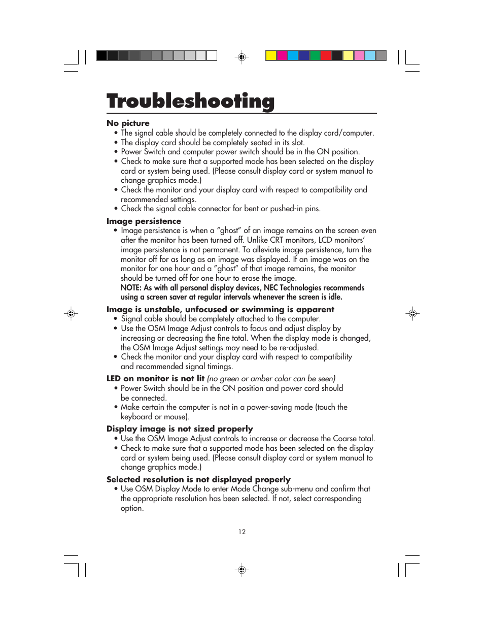 Troubleshooting | NEC MultiSync LCD1525V User Manual | Page 14 / 18