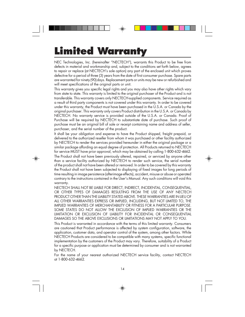 Limited warranty | NEC MultiSync LCD1525V User Manual | Page 16 / 18