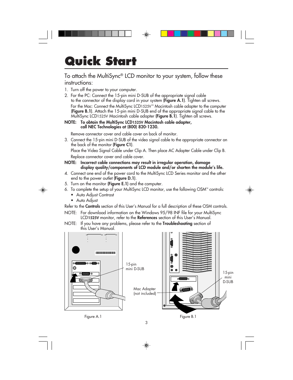 Quick start | NEC MultiSync LCD1525V User Manual | Page 5 / 18