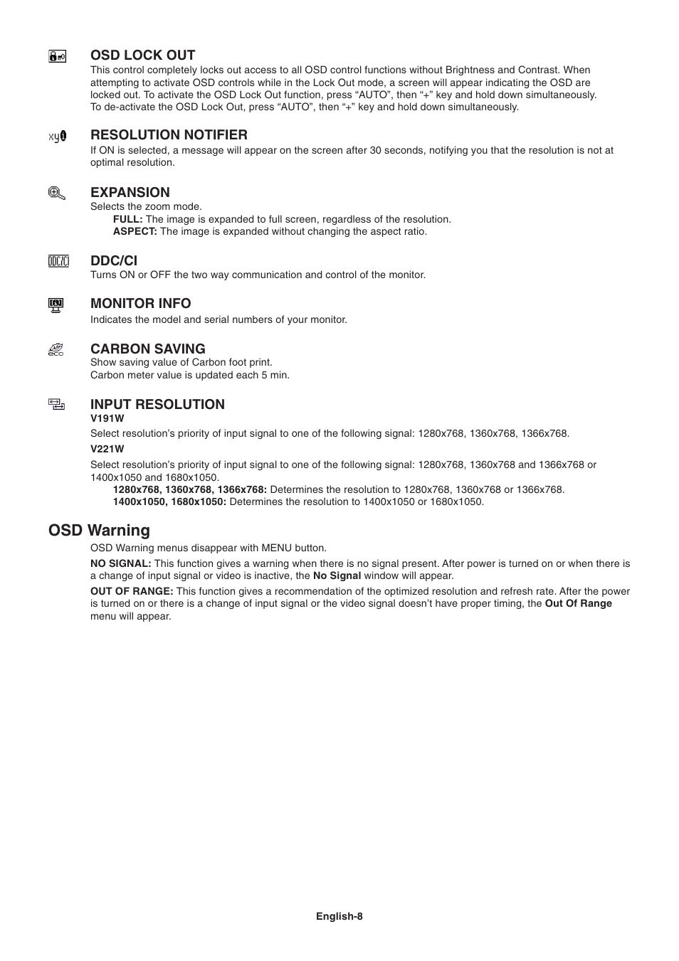 Osd warning | NEC V221W User Manual | Page 10 / 18