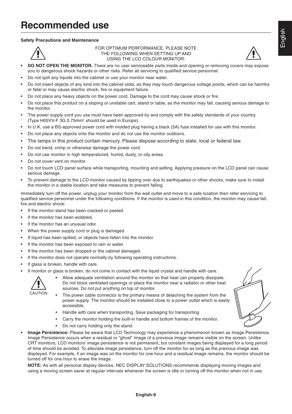 Recommended use, English | NEC V221W User Manual | Page 11 / 18