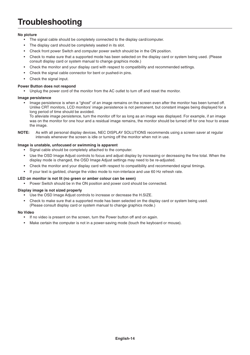 Troubleshooting | NEC V221W User Manual | Page 16 / 18