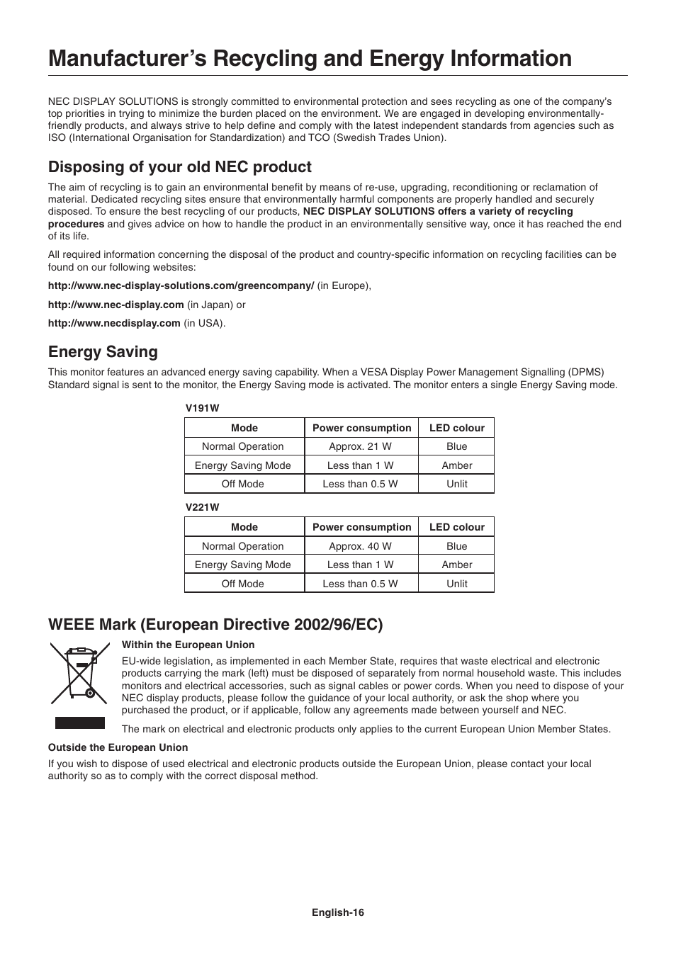 Manufacturer’s recycling and energy information, Disposing of your old nec product, Energy saving | NEC V221W User Manual | Page 18 / 18